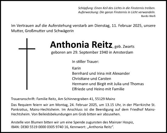 Traueranzeige von Anthonia Reitz von Allgemeine Zeitung Mainz