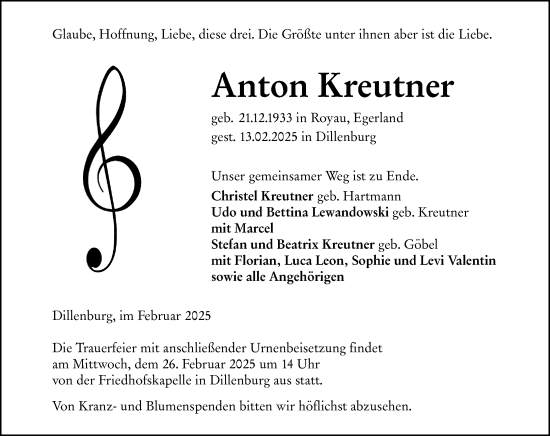 Traueranzeige von Anton Kreutner von Dill Block