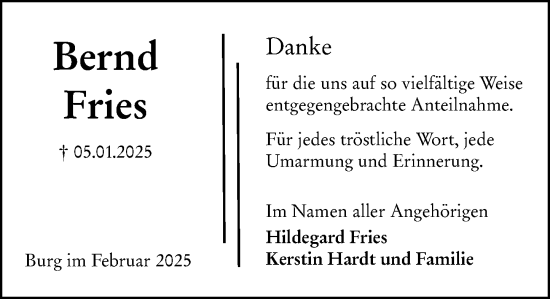 Traueranzeige von Bernd Fries von Dill Block