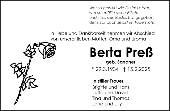 Traueranzeige von Berta Preß von Rüsselsheimer Echo