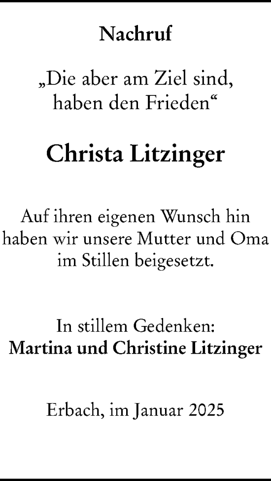 Traueranzeige von Christa Litzinger von Camberger Anzeiger