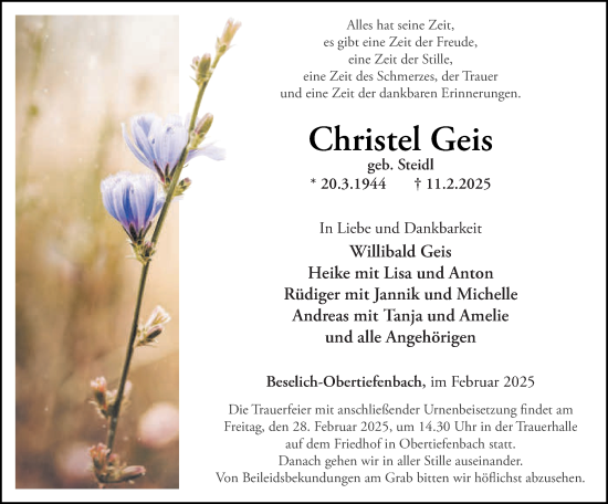 Traueranzeige von Christel Geis von Nassauische Neue Presse