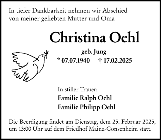 Traueranzeige von Christina Oehl von Allgemeine Zeitung Mainz