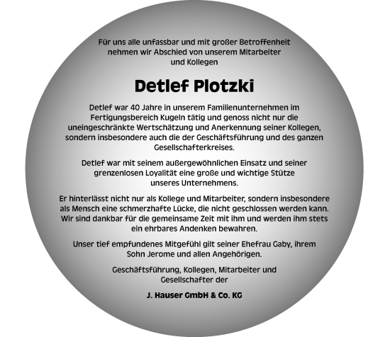 Traueranzeige von Detlef Plotzki von Wetzlarer Neue Zeitung