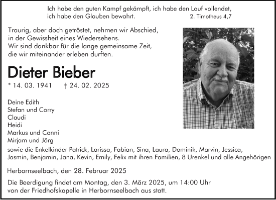 Traueranzeige von Dieter Bieber von Dill Block
