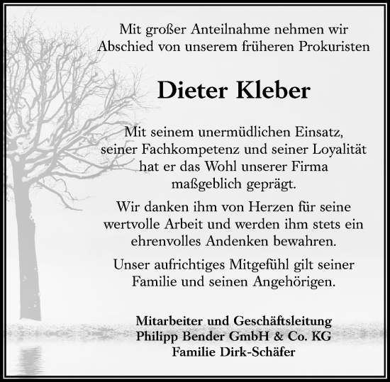 Traueranzeige von Dieter Kleber von Rüsselsheimer Echo