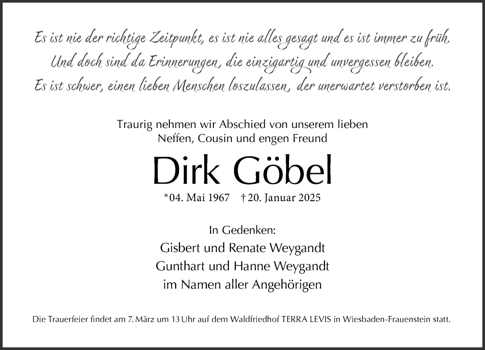  Traueranzeige für Dirk Göbel vom 15.02.2025 aus Wiesbadener Kurier
