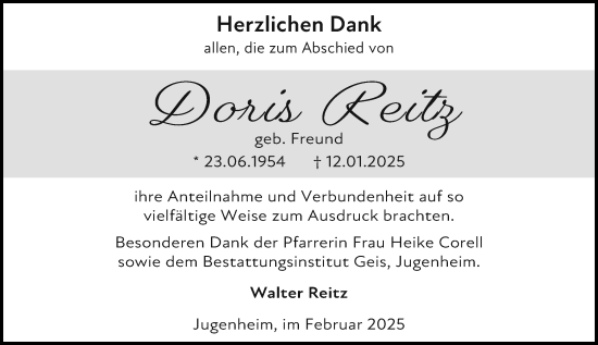 Traueranzeige von Doris Reitz von Allgemeine Zeitung Mainz