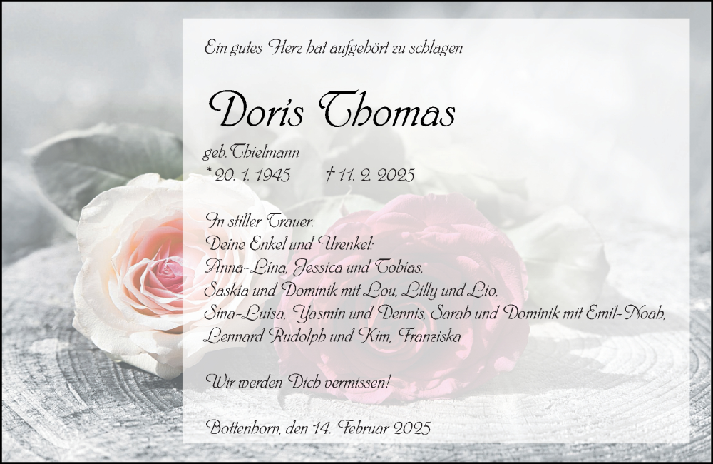  Traueranzeige für Doris Thomas vom 14.02.2025 aus Hinterländer Anzeiger