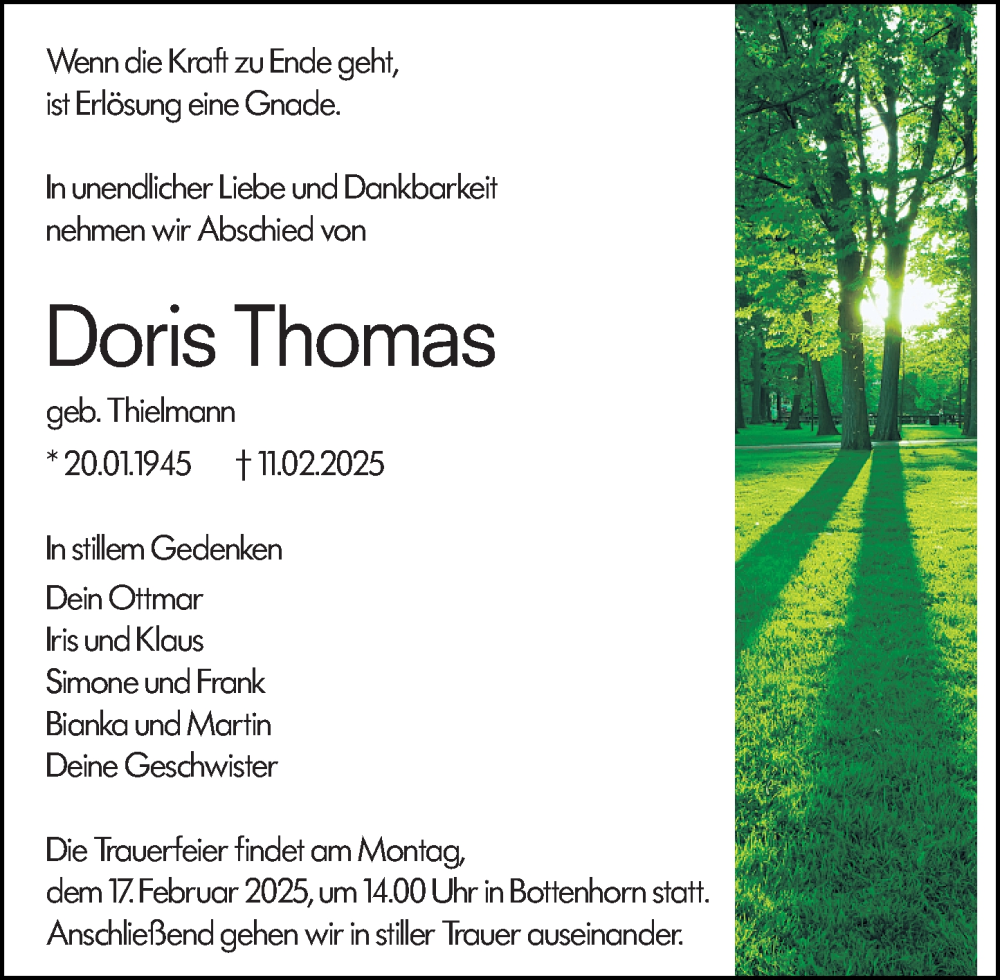  Traueranzeige für Doris Thomas vom 14.02.2025 aus Hinterländer Anzeiger