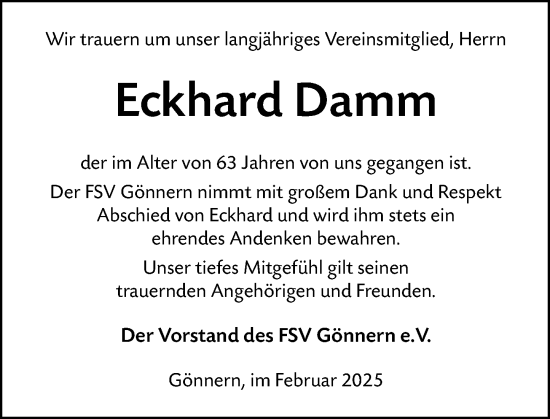 Traueranzeige von Eckhard Damm von Hinterländer Anzeiger
