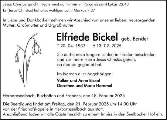 Traueranzeige von Elfriede Bickel von Dill Block