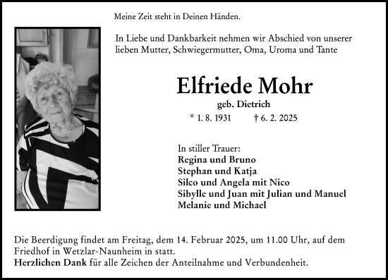 Traueranzeige von Elfriede Mohr von Wetzlarer Neue Zeitung