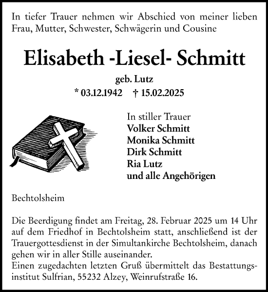 Traueranzeige von Elisabeth Schmitt von Allgemeine Zeitung Alzey