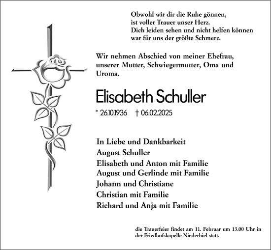Traueranzeige von Elisabeth Schuller von Wetzlarer Neue Zeitung