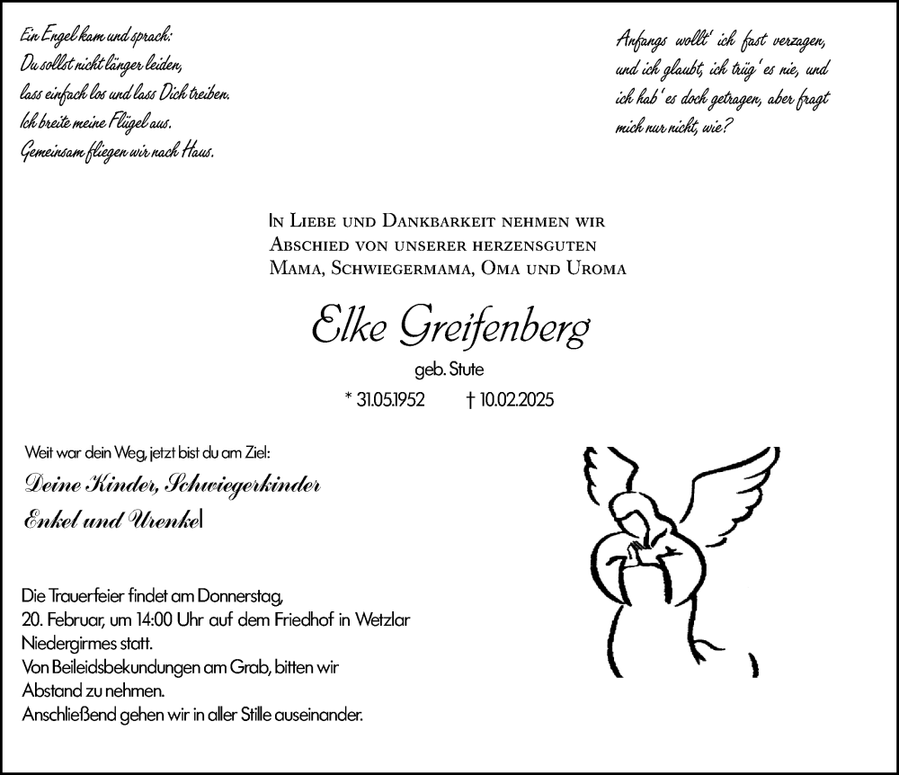  Traueranzeige für Elke Greifenberg vom 17.02.2025 aus Wetzlarer Neue Zeitung