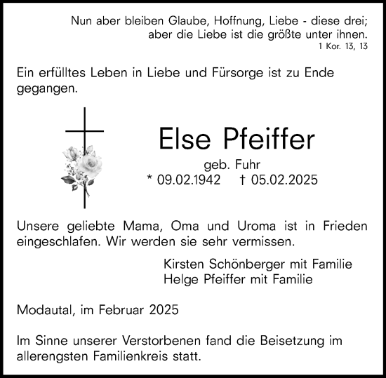 Traueranzeige von Else Pfeiffer von Darmstädter Echo