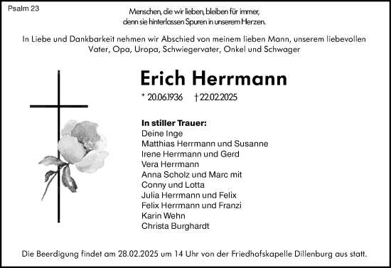 Traueranzeige von Erich Herrmann von Dill Block