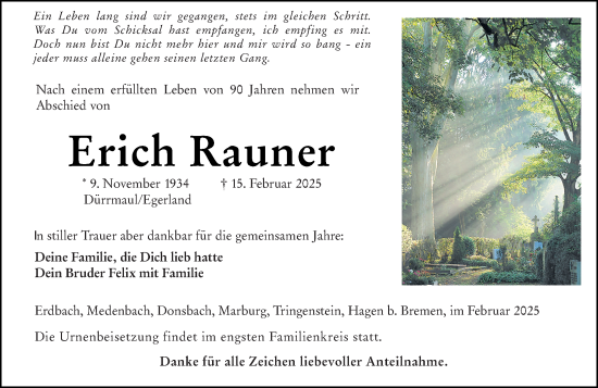 Traueranzeige von Erich Rauner von Dill Block