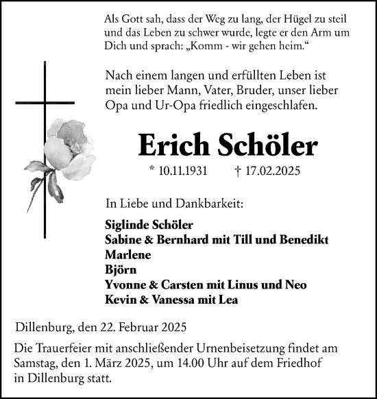 Traueranzeige von Erich Schöler von Dill Block