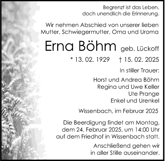 Traueranzeige von Erna Böhm von Dill Block