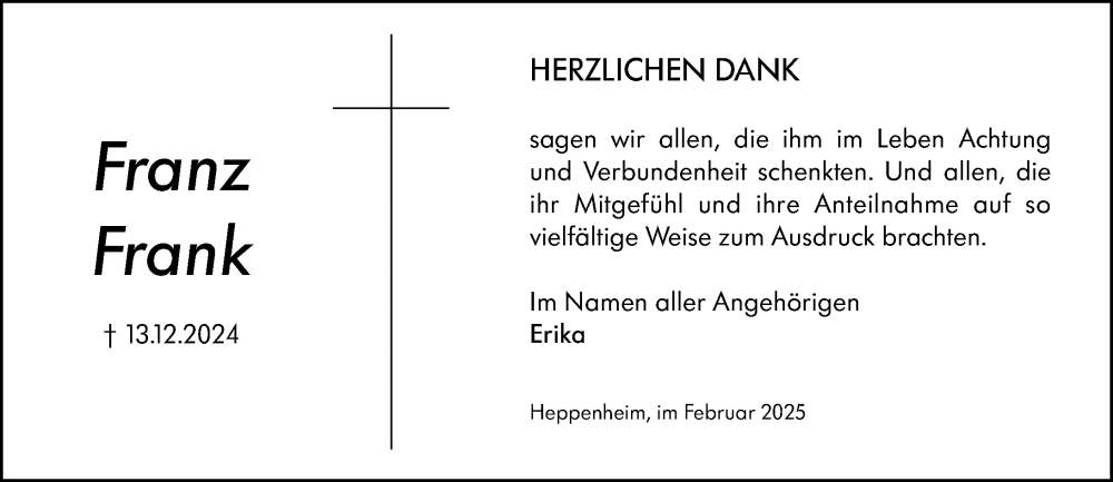  Traueranzeige für Franz Frank vom 01.02.2025 aus Starkenburger Echo
