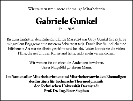 Traueranzeige von Gabriele Gunkel von Darmstädter Echo