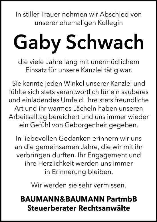 Traueranzeige von Gaby Schwach von Darmstädter Echo