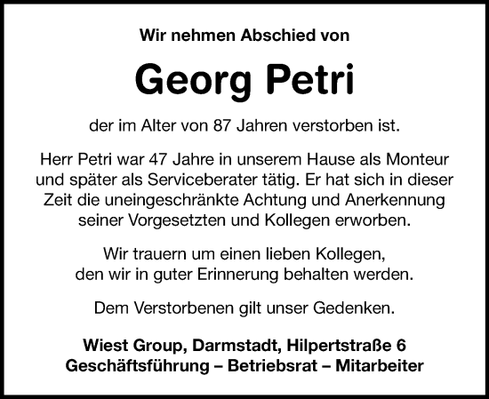 Traueranzeige von Georg Petri von Darmstädter Echo