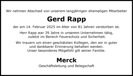 Traueranzeige von Gerd Rapp von Darmstädter Echo