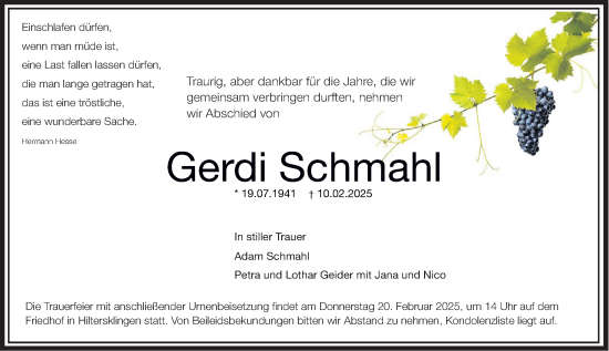 Traueranzeige von Gerdi Schmahl von Odenwälder Echo