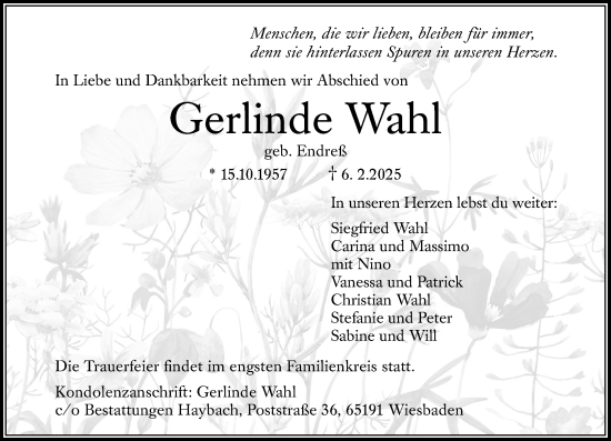 Traueranzeige von Gerlinde Wahl von Wiesbadener Kurier