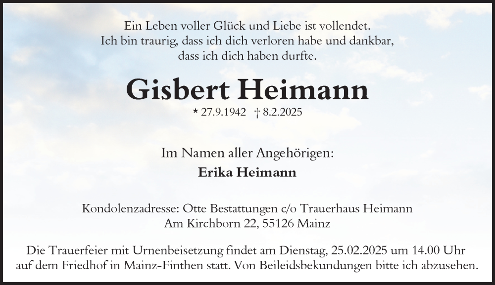  Traueranzeige für Gisbert Heimann vom 15.02.2025 aus Allgemeine Zeitung Mainz