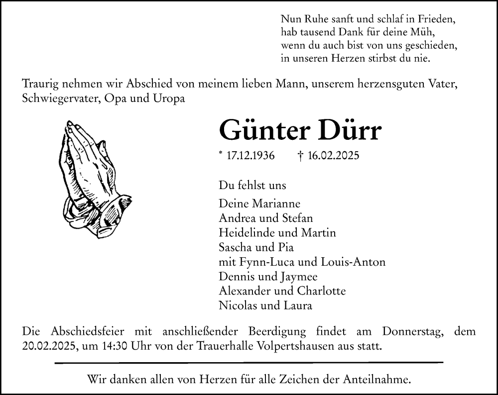  Traueranzeige für Günter Dürr vom 18.02.2025 aus Wetzlarer Neue Zeitung