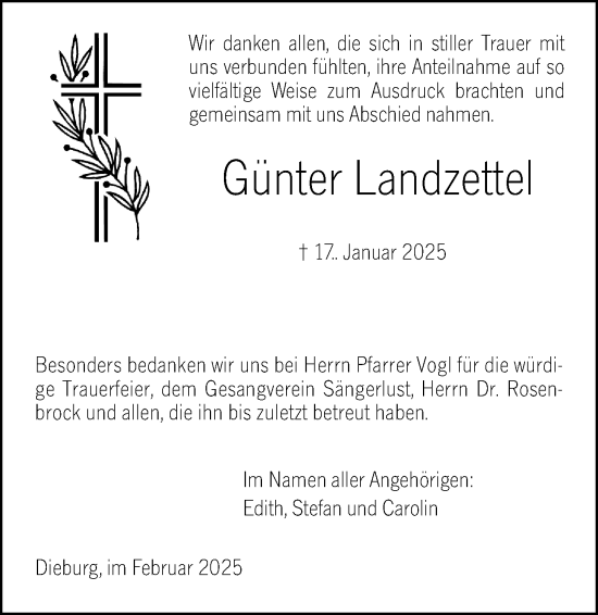 Traueranzeige von Günter Landzettel von Dieburger Anzeiger/Groß-Zimmerner Lokal-Anzeiger