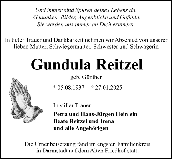 Traueranzeige von Gundula Reitzel von Darmstädter Echo