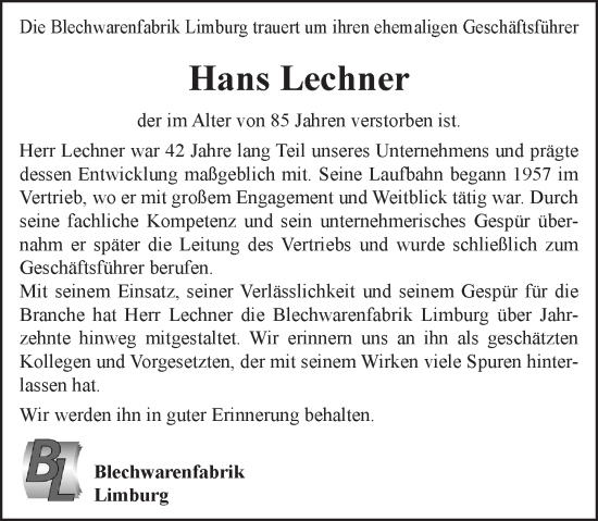 Traueranzeige von Hans Lechner von Weilburger Tageblatt