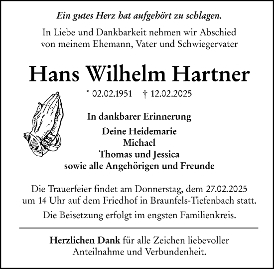 Traueranzeige von Hans Wilhelm Hartner von Wetzlarer Neue Zeitung
