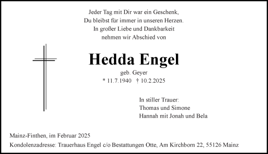 Traueranzeige von Hedda Engel von Allgemeine Zeitung Mainz