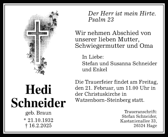 Traueranzeige von Hedi Schneider von Wetzlarer Neue Zeitung