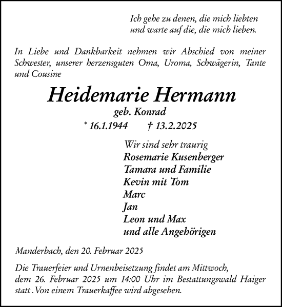 Traueranzeige von Heidemarie Hermann von Dill Block