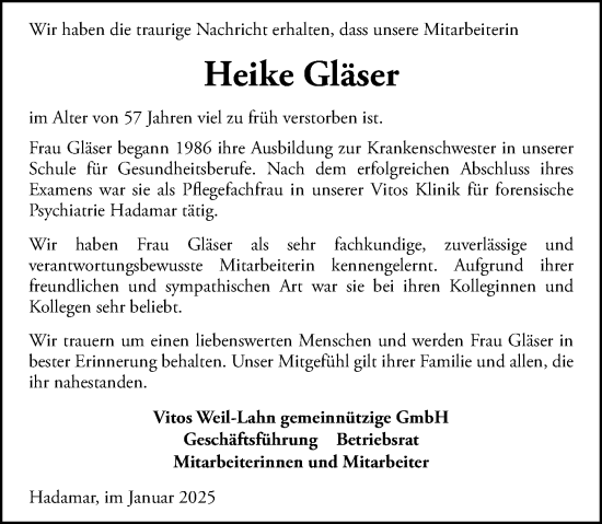 Traueranzeige von Heike Gläser von Weilburger Tageblatt