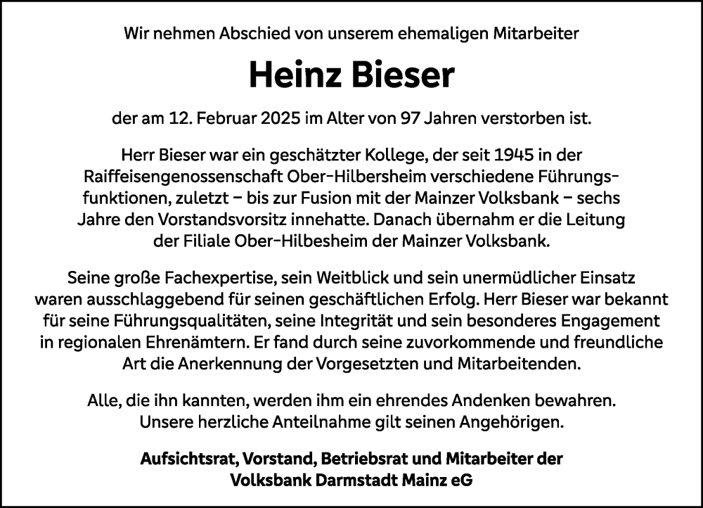  Traueranzeige für Heinz Bieser vom 22.02.2025 aus Allgemeine Zeitung Rheinhessen-Nahe
