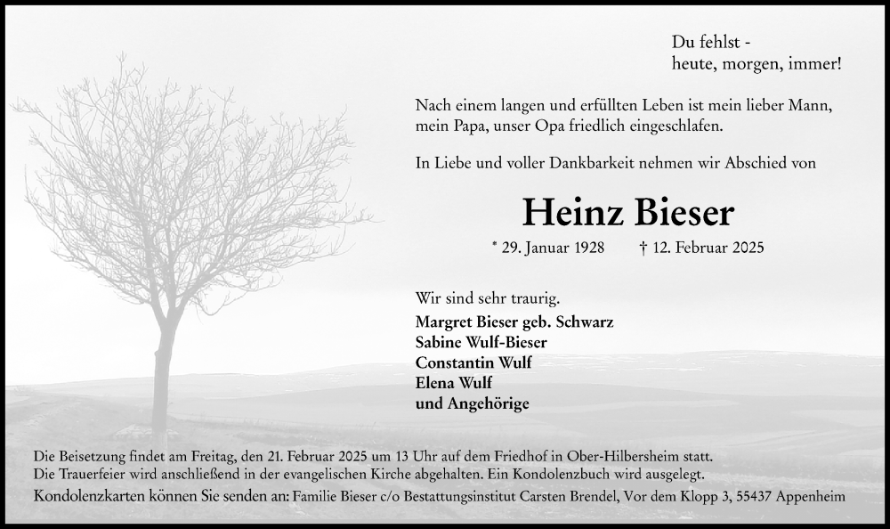  Traueranzeige für Heinz Bieser vom 15.02.2025 aus Allgemeine Zeitung Rheinhessen-Nahe