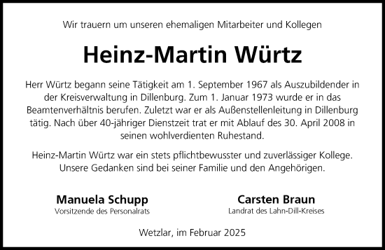 Traueranzeige von Heinz-Martin Würtz von Dill Block