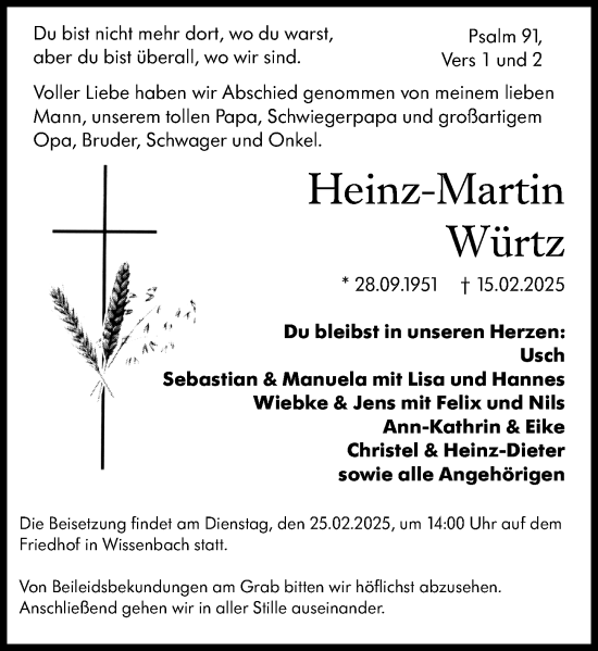 Traueranzeige von Heinz-Martin Würtz von Dill Block