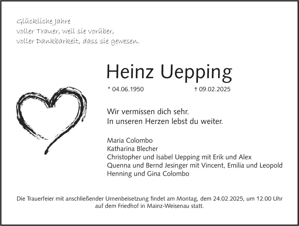  Traueranzeige für Heinz Uepping vom 15.02.2025 aus Allgemeine Zeitung Mainz