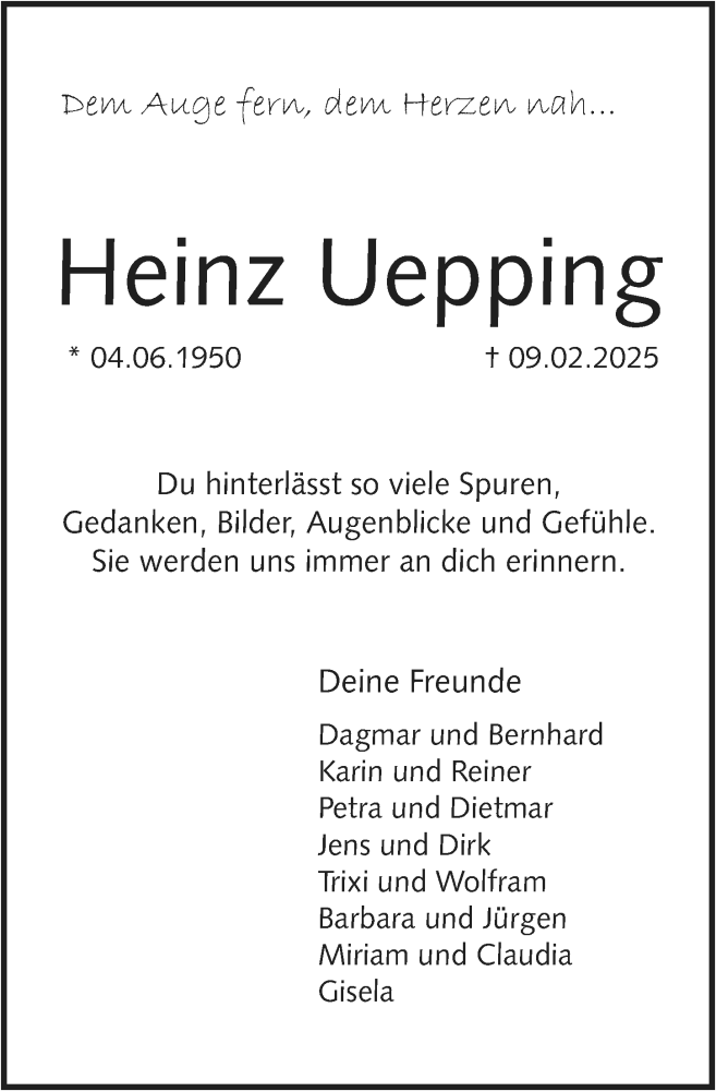  Traueranzeige für Heinz Uepping vom 15.02.2025 aus Allgemeine Zeitung Mainz