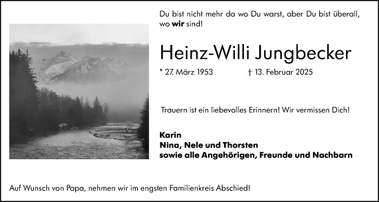 Traueranzeige von Heinz-Willi Jungbecker von Allgemeine Zeitung Alzey