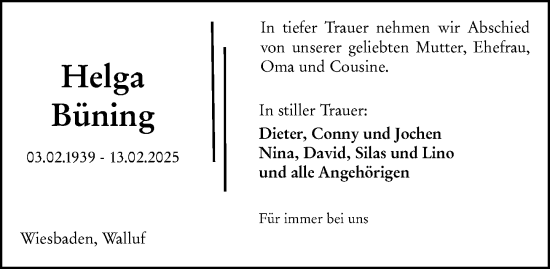 Traueranzeige von Helga Büning von Wiesbadener Kurier